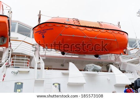 LONGYEARBYEN, SVALBARD, NORWAY - JULY 25 2010: Covered life raft of the National Geographic Explorer cruise ship.