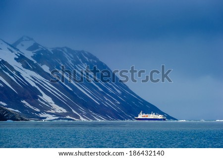 HORNSUND, SVALBARD,NORWAY - JULY 26, 2010:  Cruise ship in the Arctic, Hornsund, Norway