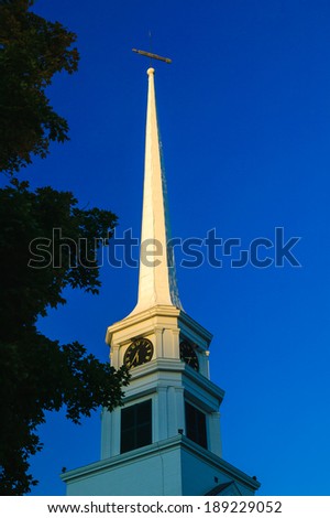 Closeup details of the Stowe Community Church Steeple in picturesque Stowe, Vermont, USA