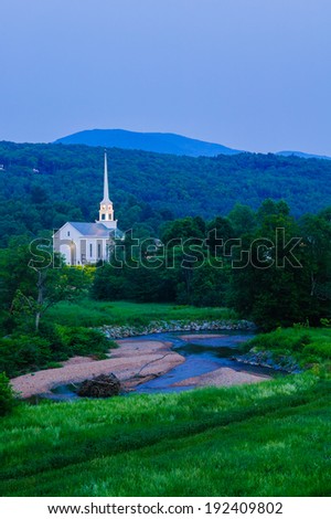 Stowe Community Church at dusk in Stowe, Vermont, USA