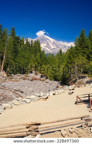 Muddy river flowing from melting snow covered Mt. Rainier in the background, Mt. Rainier National Park, Washington, USA