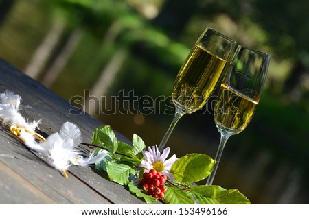 Champagne glass bottle Romantic picnic in the wood