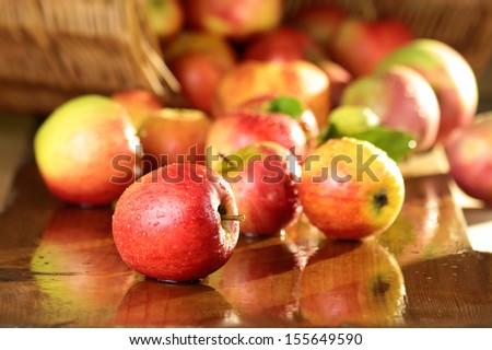 Basket of apples on a wet table