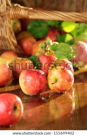 Basket of apples on a wet table
