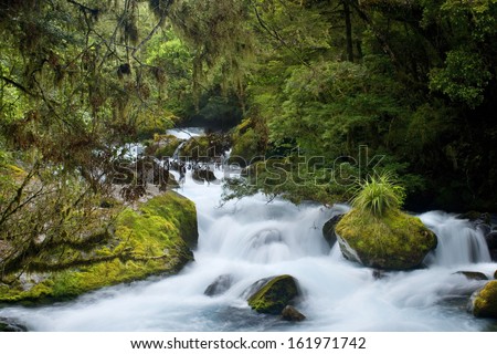 Wildwater river, water masses of Waikato river rushing down a gorge towards Huka Falls Taupo, North Island, New Zealand