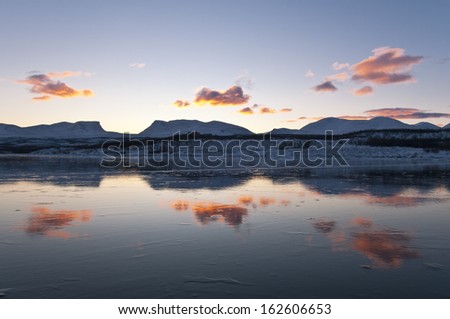Lappenpforte (Lapporten) with frozen lake Tornetraesk, Abisko, Lappland, Sweden