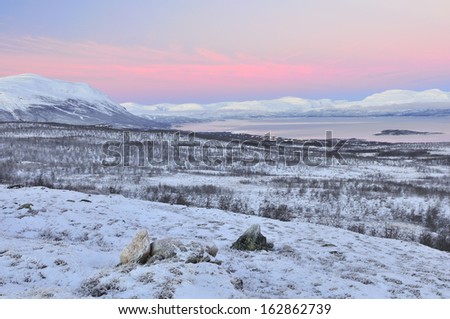 View at at abisko with mount njulla and lake tronetraesk, lapland, sweden