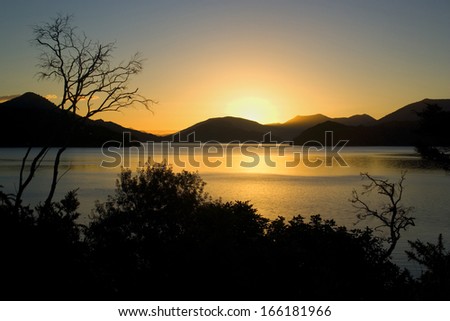 Kenepuru Sound, sinking sun over the bays and islands of Kenepuru Sound, Marlborough Sounds, South Island, New Zealand
