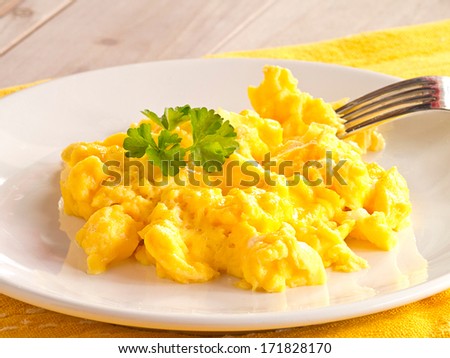 Scrambled eggs on a plate.