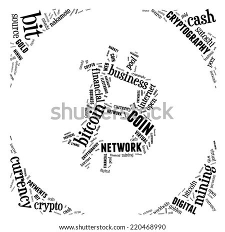 bitcoin logo word cloud with black wordings