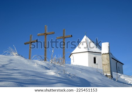winter, chapel, crosses; swabian alp, germany