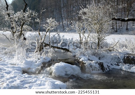 Winter, creek near the waterfall 