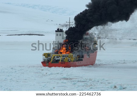 burning Icebreaker ship in the sea of Antarctic