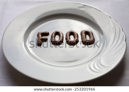 Letters forming the word food on a plate