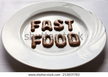 Letters forming the word fast food on a plate
