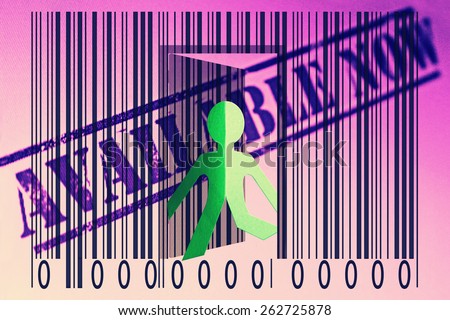 Paper man coming out of a bar code with Available Now Words