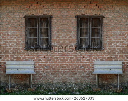 brick wall with window and bank
