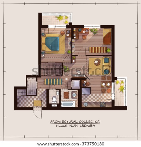 Architectural Color Floor Plan.Two Bedrooms Apartment