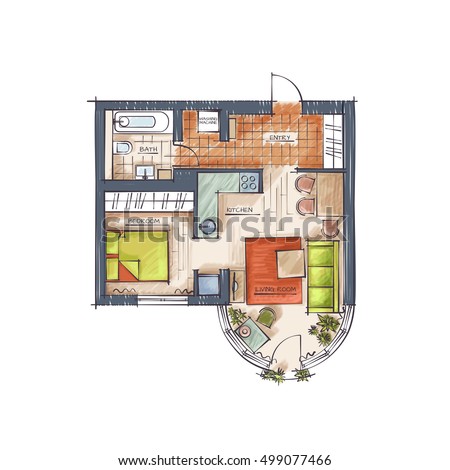 Architectural Technical Illustration. Hand Drawn Style Rendering. Vector Colorful Professional Drawing