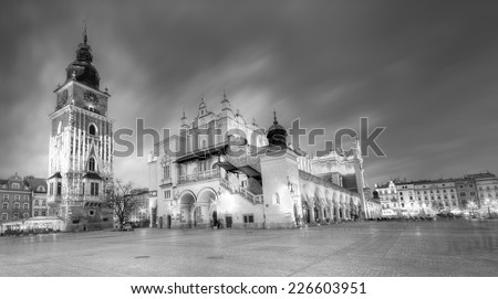 The Main Market Square in Krakow black and white, Poland.
