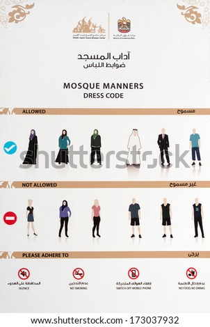 Nov. 21, 2013 - Abu Dhabi, UAE: Sheikh Zayed Grand Mosque dress code instructions for tourists and visitors