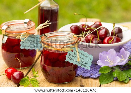 Hand-made cherry confiture with blackcurrant (cassis) liqueur and hand written labels