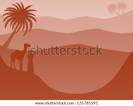 Layered Landscape Background: Desert Red - Warm, tranquil, serene desert landscape wallpaper or background. Monochrome layered silhouettes feature a camel & friend, palm trees and rolling sand dunes.