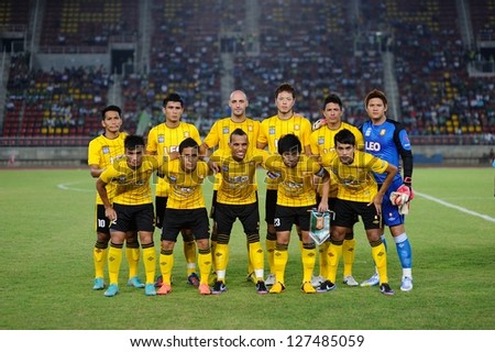 PATHUMTHANI,THAILAND FEB 7:Players of Bangkok Glass FC seen prior to a friendly match between Bangkok Glass FC and Cerezo Ozaka FC at Thammasat Stadium on February 7,2013 in Thailand