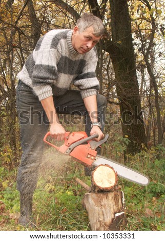 wood-cutter saw wood  red chainsaw