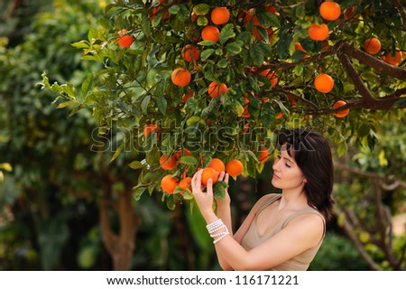 portrait of a woman in the spring near the orange tree