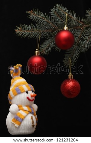 happy snowman and trees branch with red balls