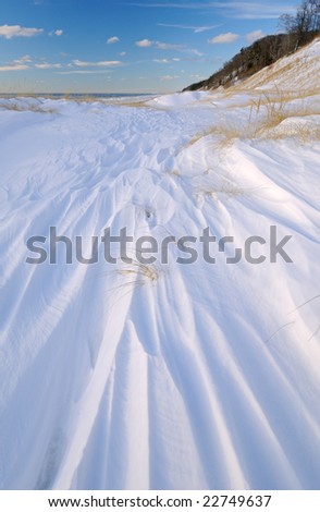 Winter landscape with fresh drifted snow, Saugatuck Dunes State Park, Lake Michigan, Michigan, USA