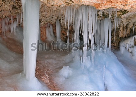 Winter, Mossy Cave with blue and white icicles, Bryce Canyon National Park, Utah, USA