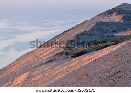 Landscape of sand dune and waters of Lake Michigan, Sleeping Bear Dunes National Lakeshore, Michigan, USA
