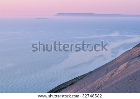 Landscape of Lake Michigan, freighter and sand dune Sleeping Bear Dunes National Lakeshore, Michigan, USA