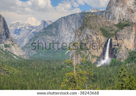 Landscape of Bridalveil Falls and valley from tunnel view, Yosemite National Park, California, USA