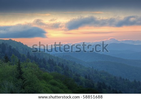 Landscape at dawn from the Oconaluftee Overlook of the Great Smoky Mountains in fog, Tennessee, USA