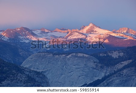 Landscape of the Sierra Nevada Mountains at twilight from Glacier Point, Yosemite National Park, California, USA