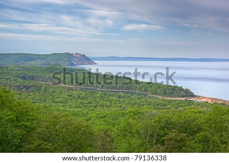 Landscape of the Lake Michigan shoreline with fog and North Bar Lake, Sleeping Bear Dunes National Lakeshore, Lake Michigan, Michigan, USA
