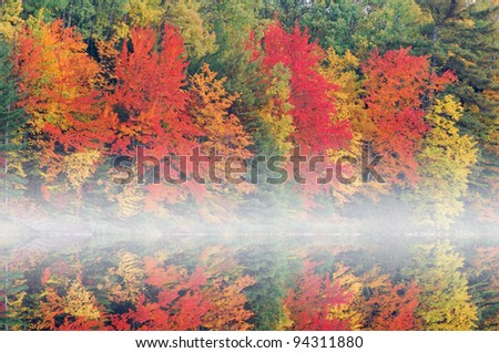 Autumn landscape of Moccasin Lake in light fog and with reflections of trees in calm water, Michigan\'s Upper Peninsula, USA
