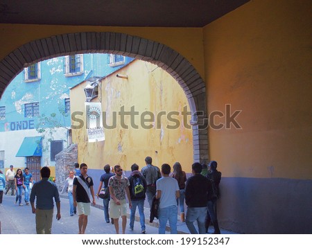GUANAJUATO, MEXICO - OCTOBER 26, 2013: World Heritage Site (1988). Tourists from all over the world visit this Historic mine city which has about 170,000 population.