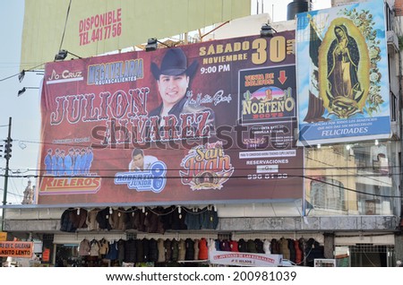 AGUASCALIENTES, MEXICO - NOVEMBER 10, 2013: Mexican cowboy shop storefront billboard in downtown Aguascalientes city, Aguascalientes state in Mexico.