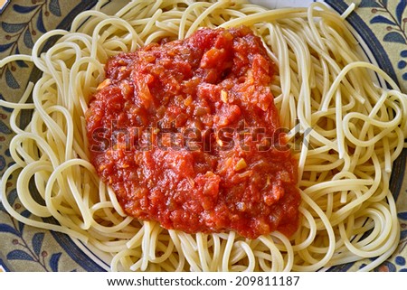 Homemade tomato sauce spaghetti, plate with botanical design. Quickly cooked with diced canned tomato, sliced onions, extra virgin olive oil and sprinkle of salt. Vegetarian dish.