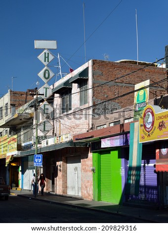 AGUASCALIENTES, MEXICO - NOVEMBER 10, 2013:  Cityscape in downtown Aguascalientes city, Aguascalientes State, North central Mexico.