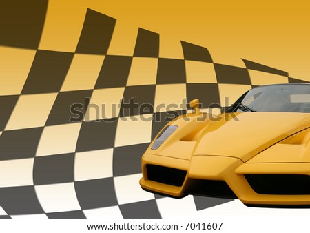 Yellow Ferrari Enzo super car on a chequered flag background