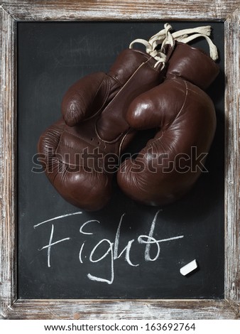old Boxing Gloves on Chalkboard with Text \