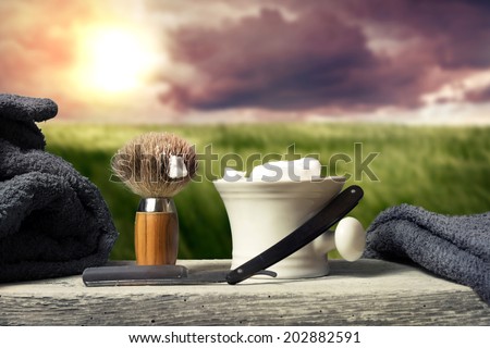 shaving Equipment on wood in Landscape