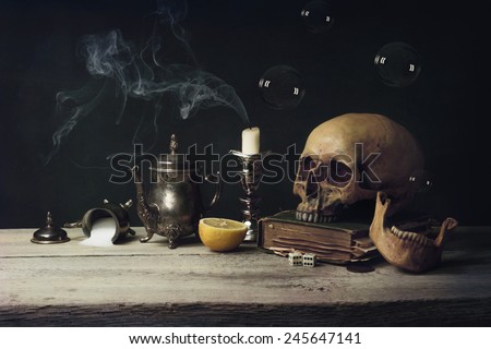Vanitas with Skull and Tea Set, old Book and Soap Bubbles