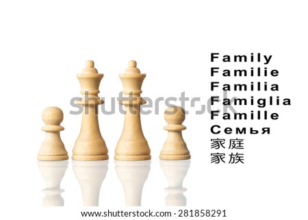 Representation of the family with chess pieces and the word \