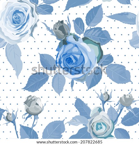 Blue color seamless pattern with roses. Vector illustration.